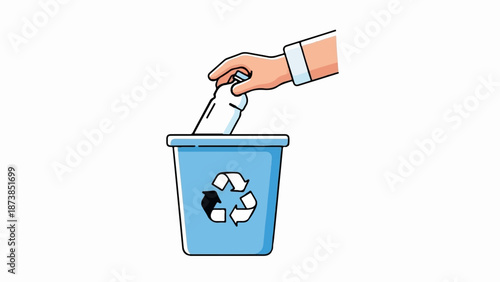 Hand discarding a plastic bottle into a recycling bin