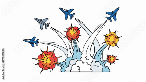 Jets in aerial combat with multiple explosions and smoke trails