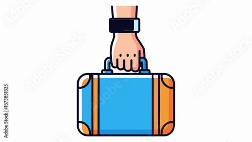 Hand holding a blue and orange suitcase with a black band on the wrist