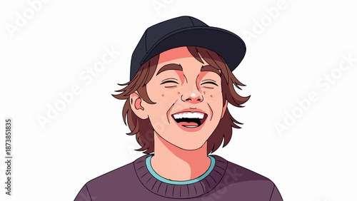 Joyful animated portrait of a young person wearing a cap and sweater
