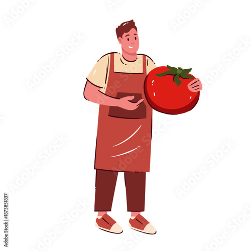 Smiling chef in red apron holding huge tomato vegetable symbolizing organic farming, vegan nutrition, fresh harvest and healthy food lifestyle, flat cartoon character vector illustration.