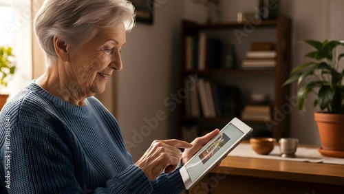 Smiling senior woman using tablet at home with bookshelf