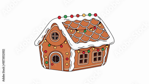 Festive gingerbread house adorned with colorful lights and frosting