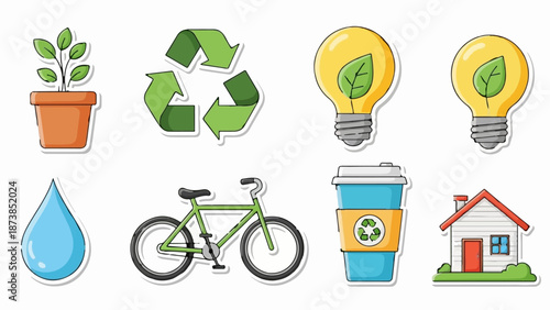 Icons representing nature, recycling, energy, and sustainable living