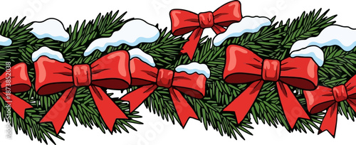 Festive garland with red bows and snow on green pine branches