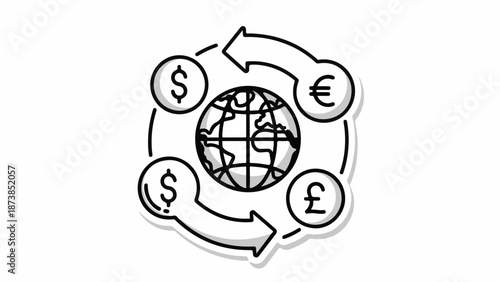 Global currency exchange flow with dollar, euro, and pound symbols