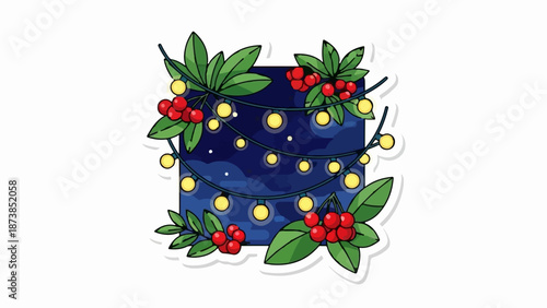 Festive garland with red berries and yellow lights against a starry night sky