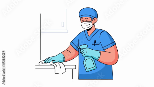 Medical professional cleaning a surface with spray and cloth