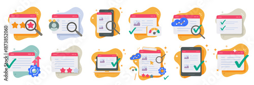 Seo marketing web site technology icon vector modern graphic illustration set, website interface design layout development, analysis analytics load speed optimization, webpage performance review rate
