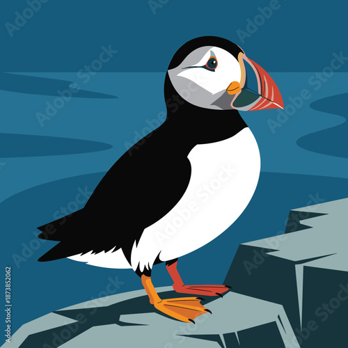 Charming puffin bird stands on a rocky sea cliff against a dark blue ocean, showcasing the iconic look of this coastal seabird species.