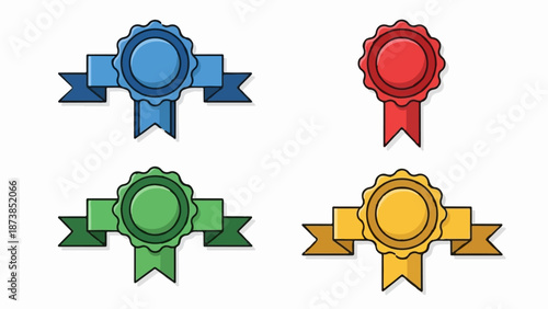 Four award ribbons in blue, red, green, and gold with ribbon tails