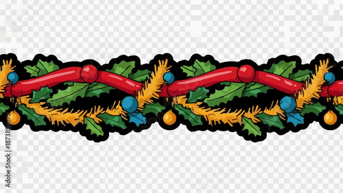 Festive garland with holly, red baubles, gold tinsel, and blue orbs