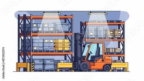 Forklift operating in a warehouse stacked with goods on shelves