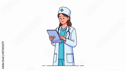 Medical professional in uniform using a digital tablet