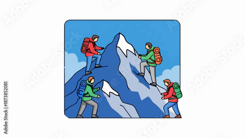 Four adventurers ascend a blue and white mountain under a bright sky