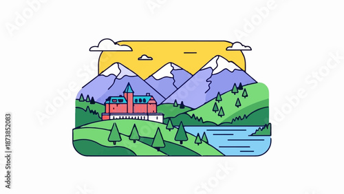 Idyllic mountainous landscape with a grand building by a lake under a sunny sky