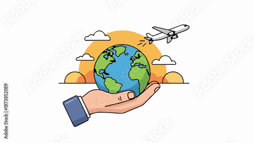 Hand holding globe with airplane flying overhead against sunset