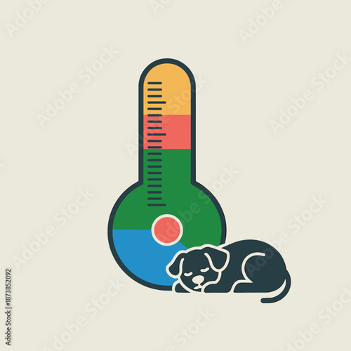 Sick black puppy sleeps next to a large medical thermometer, illustrating pet health monitoring and care for domestic animals in need.