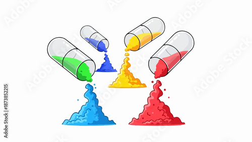 Four clear capsules pour colorful powders, creating vibrant mounds below