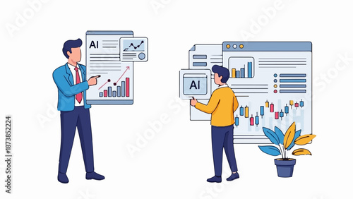 Men pointing at AI-driven charts, illustrating data analysis and growth strategies
