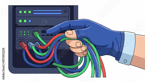 Hand in blue glove connecting colorful cables to server rack