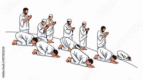 Men in white robes performing prayer movements in unison