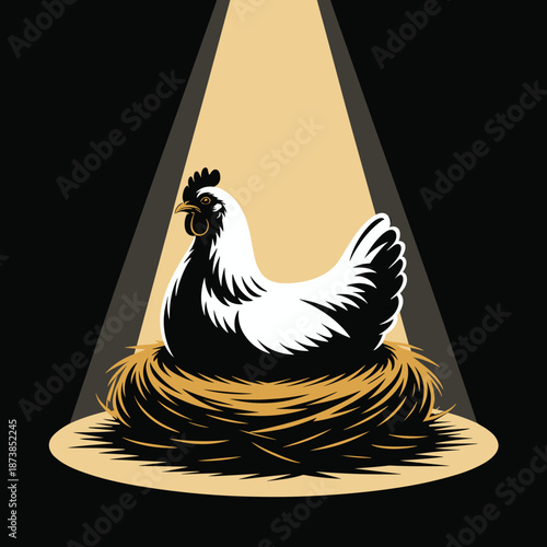Single hen sits comfortably in a hay nest under a warm spotlight, representing a focused and important moment in farm life and egg production.