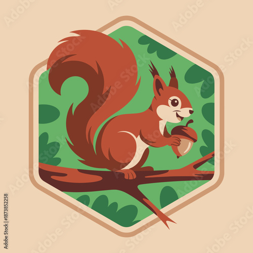 Red squirrel sits on a branch holding an acorn in a forest badge, celebrating woodland nature and the charm of small forest creatures.