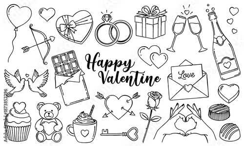 バレンタインと恋愛モチーフの線画デザイン素材セット｜ハート・指輪・プレゼント・チョコレート・手・メッセージなど愛を表現するシンプルアイコン