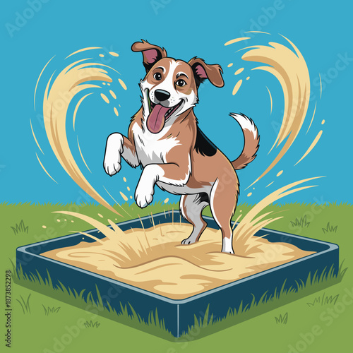 Happy dog jumps with joy in a sandbox creating a splash of sand, capturing a fun and playful outdoor moment for a family pet.