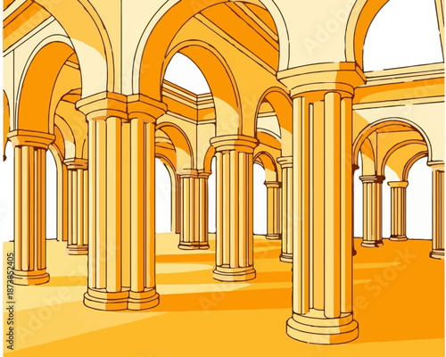 Golden arcade with classical columns and arches, sunlit