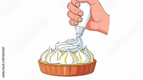 Hand piping meringue onto a lemon tart for a sweet treat