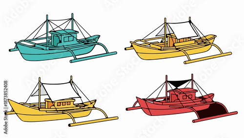 Four colorful, simple illustrations of traditional outrigger boats