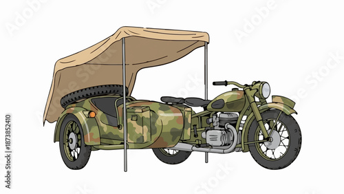 Military-style motorcycle with sidecar and camouflage canopy, offering shade