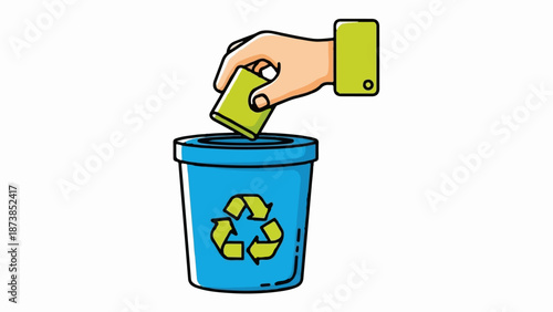 Hand places small item into a blue recycling bin with the universal recycling symbol