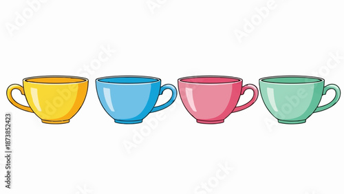 Four colorful teacups arranged in a row on a white background