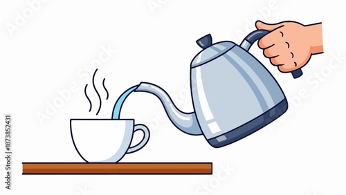 Hand pouring hot water from a kettle into a steaming cup on a shelf