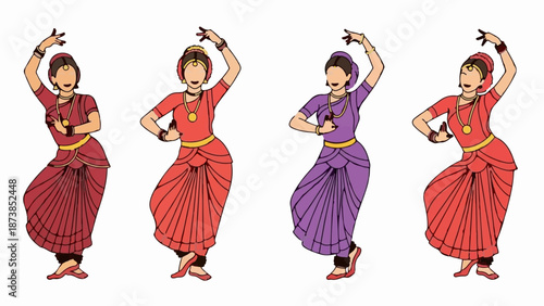 Four dancers in traditional Indian attire, in stylized poses