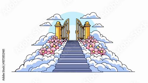 Golden gates stand open atop steps adorned with pink flowers, amid clouds under a blue sky