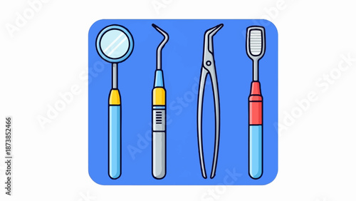 Four dental tools, a mirror, scaler, forceps, and explorer, arranged on a blue background