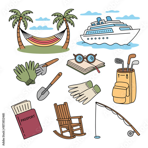 Diverse collection of retirement lifestyle icons including travel, gardening, and leisure activities, representing a happy and active future.