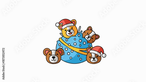 Four cute teddy bears, two wearing festive hats, peek out from a blue, polka-dotted bag