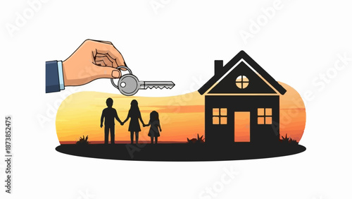 Hand presents key to family silhouetted before home at sunset