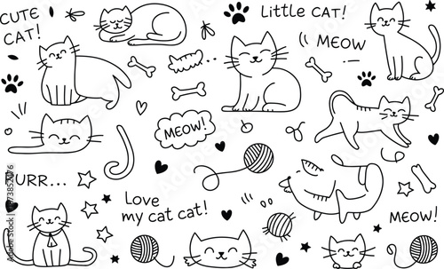 Cute black and white cats with text and paw prints