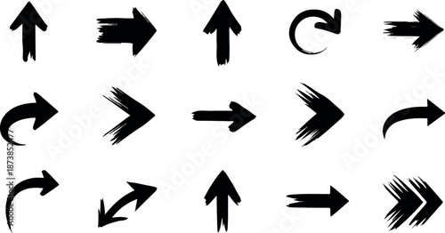 Collection of diverse black arrows on white background illustrating various directions and styles