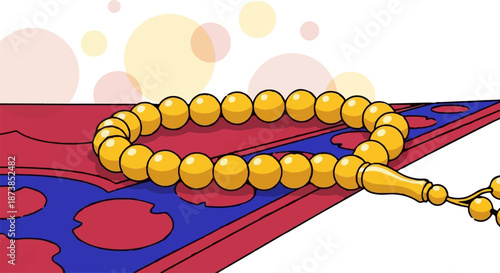Golden prayer beads rest on a textured mat with abstract blue and red shapes