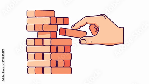 Hand removing a block from a precarious tower of wooden bricks