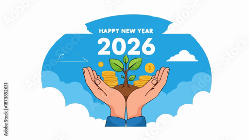 Hands cradle a growing plant with coins, symbolizing prosperity for the year 2026
