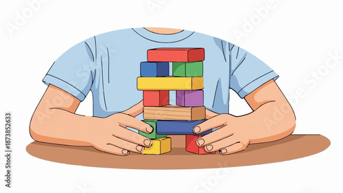 Hands carefully build a colorful tower of wooden blocks