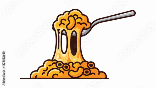 Gooey macaroni and cheese with a spoon lifting a portion